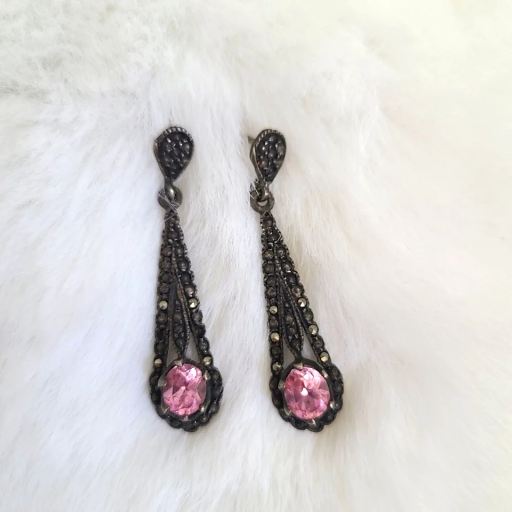 Pink crystal Inlaid Dangle Drop Earrings - Picture 4 of 4